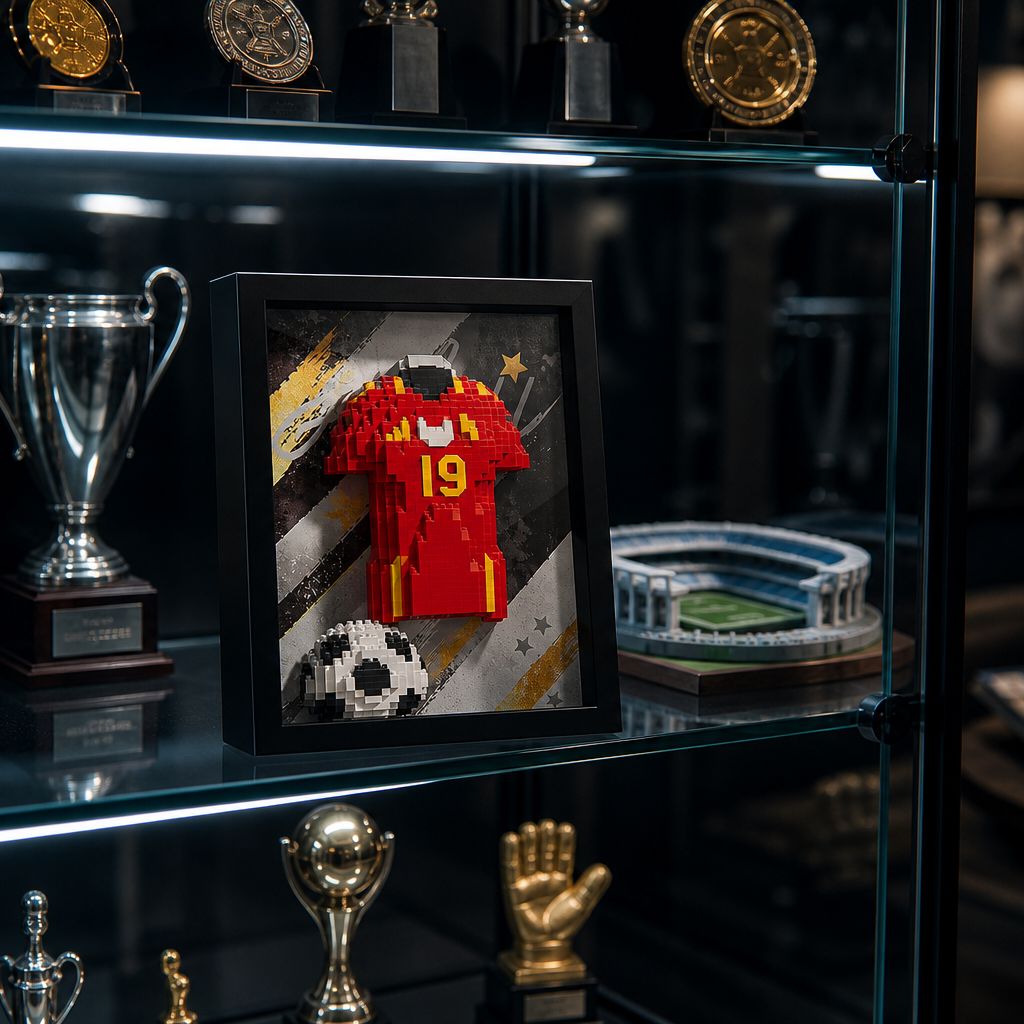 Porta-Retrato Camisa Futebol Vermelha N19 em vitrine premium de colecionador - Brics Craft 20260605-014205
