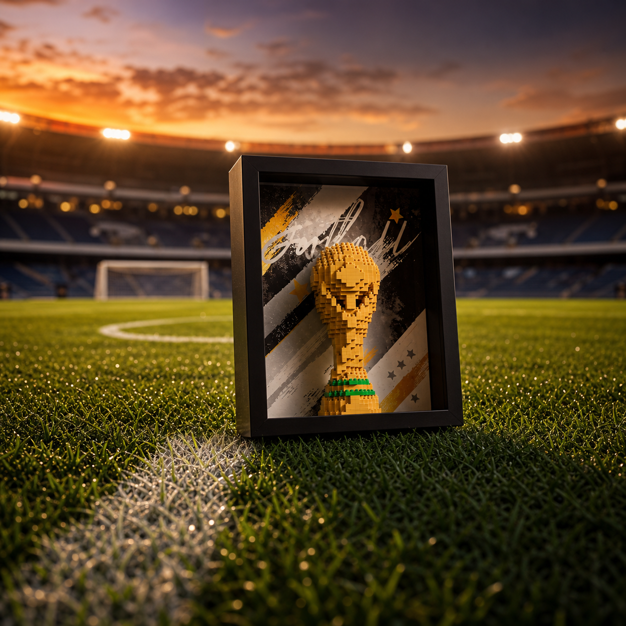 Porta-Retrato Troféu de Futebol em gramado de estádio ao entardecer - Brics Craft 20260605-124859