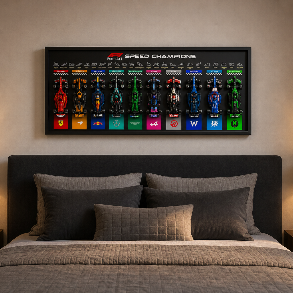 Quadro Speed Champions horizontal 100x40 em quarto contemporâneo