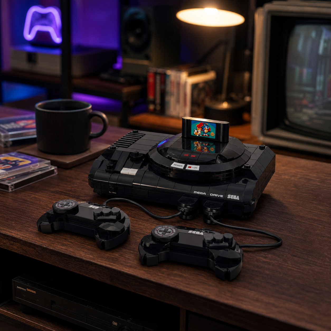 SEGA Genesis em blocos em quarto gamer retrô