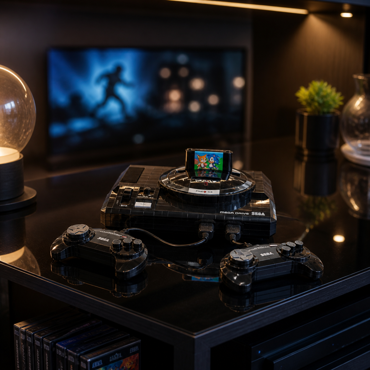 SEGA Genesis em blocos em vitrine de colecionador